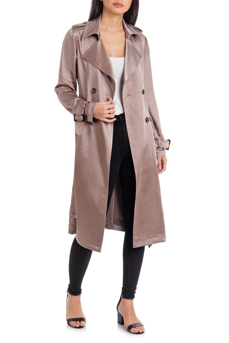 Badgley Mischka Double Breasted Satin Trench Coat, Main, color, TAUPE