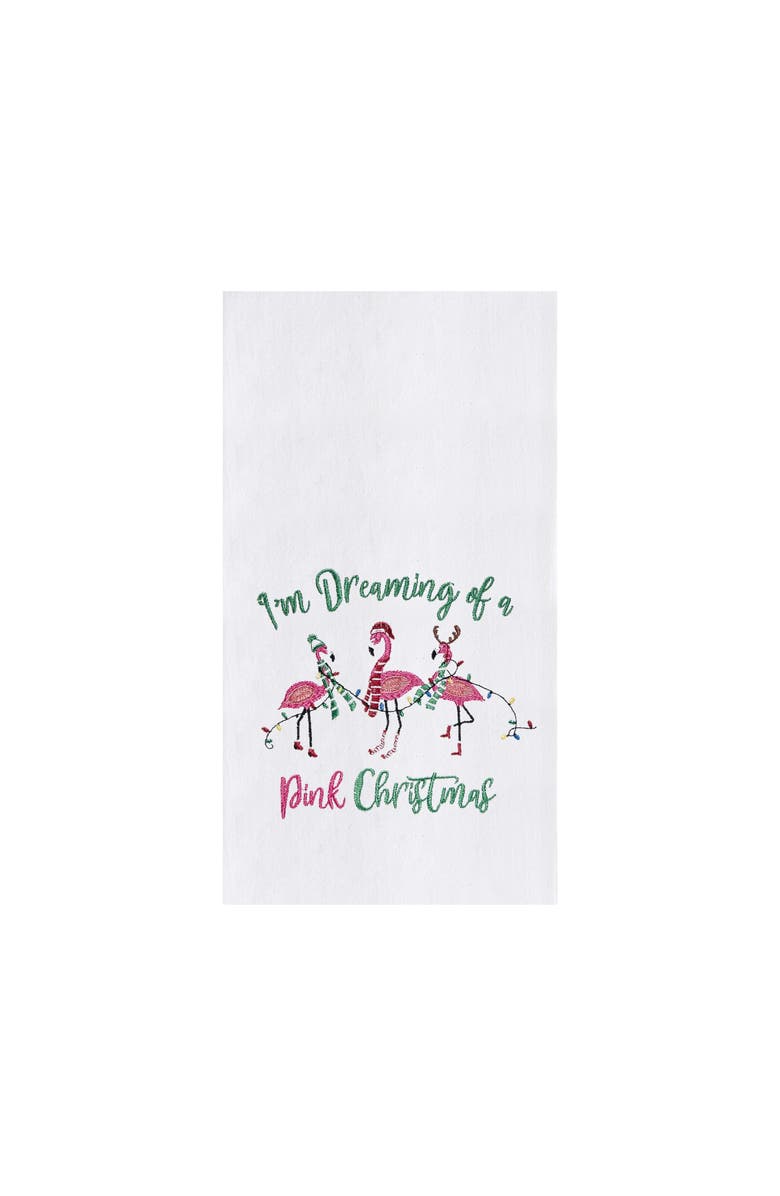 C&F Home Beach Coastal Holiday "I am Dreaming Pink Christmas" 3 Pink Flamingos Embroidered Flour Sack Dishtowel 27L x 18W in., Main, color, White