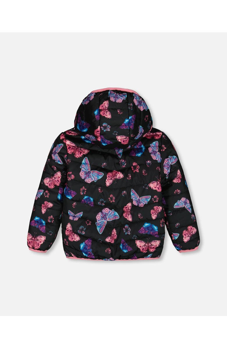 Deux par Deux Little Girl's Printed Quilted Mid-Season Jacket Multicolored Butterflies On Black Background, Alternate, color, 