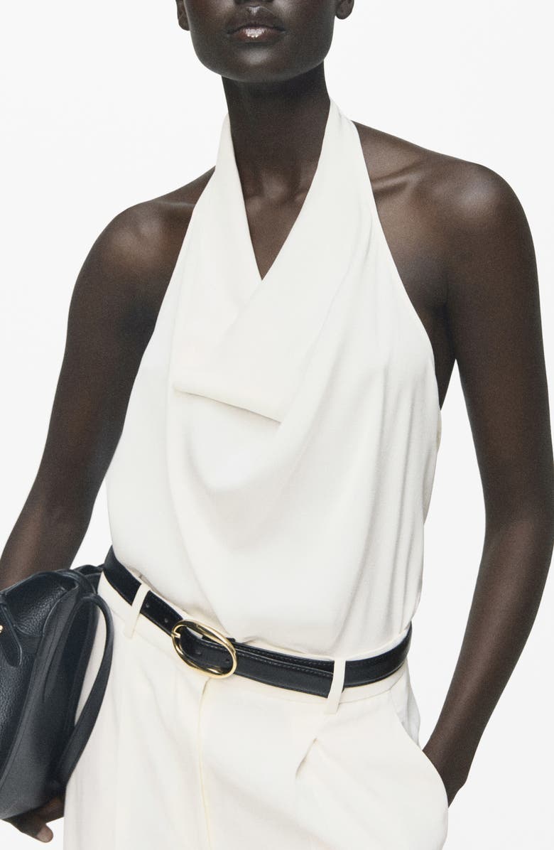 MANGO Cowl Neck Satin Halter Top, Main, color, Ecru