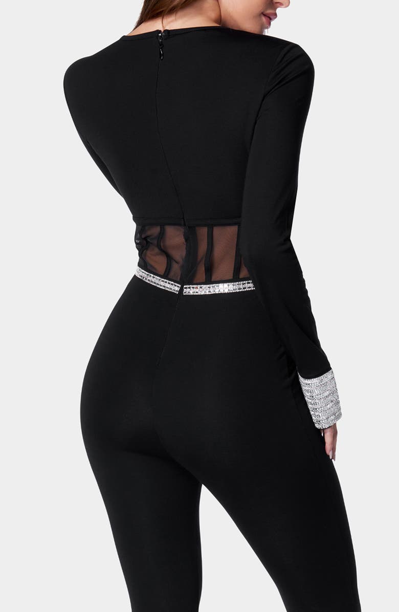 bebe Rhinestone Mesh Jumpsuit, Alternate, color,