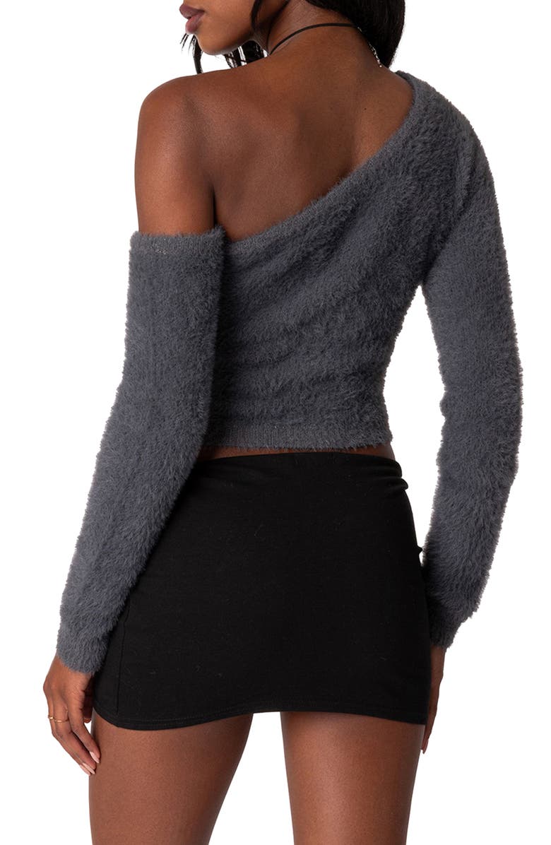 EDIKTED Frannie One-Shoulder Fuzzy Crop Top, Alternate, color, 