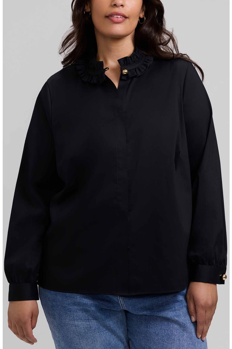 Colette Ruffle Long Sleeve Matte Sateen Shirt, Main, color, BLACK
