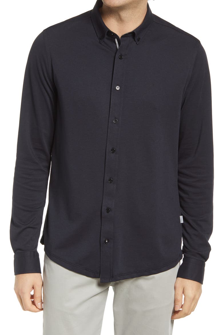 DryTouch® Performance Piqué Knit Button-Up Shirt, Main, color, BLACK