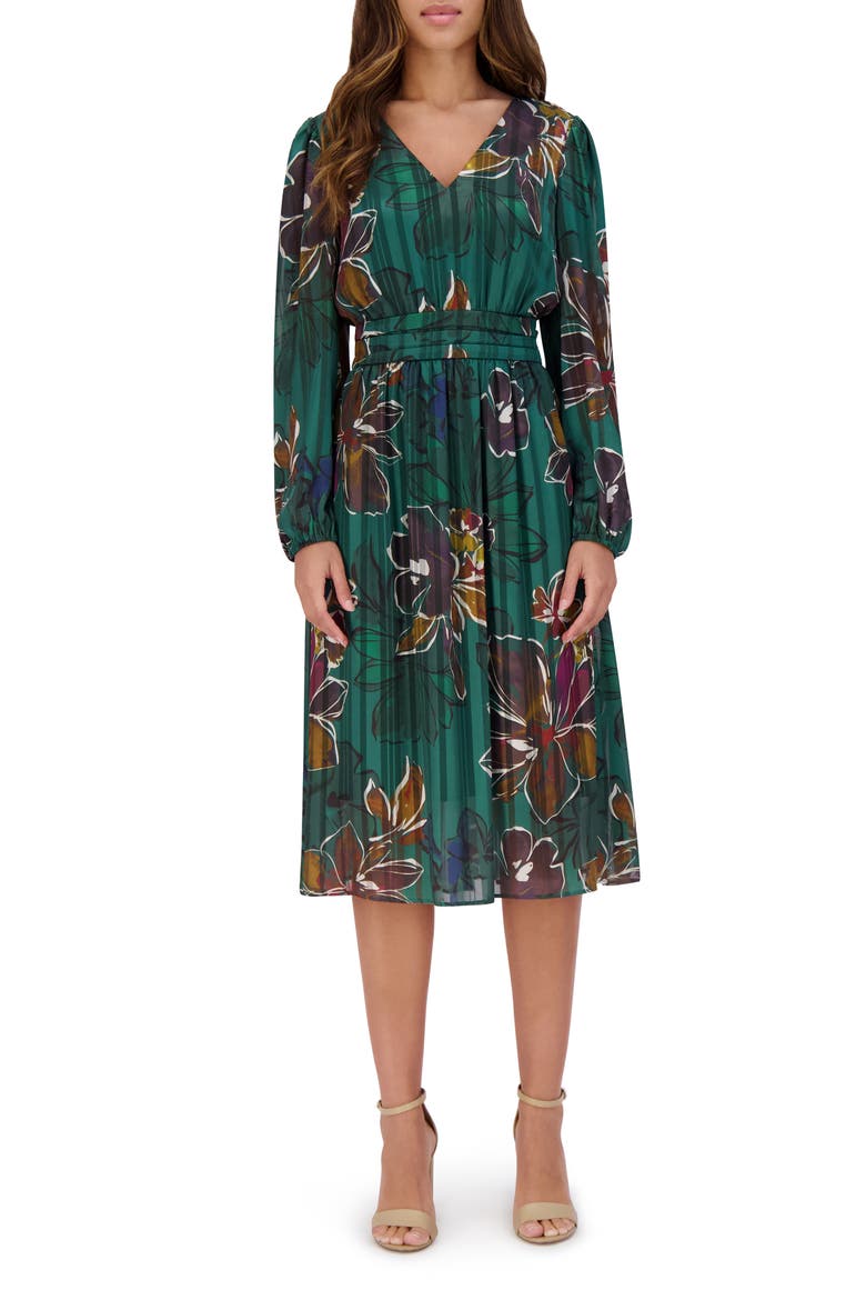 Floral Long Sleeve Satin A-Line Midi Dress, Main, color, PINE MULTI
