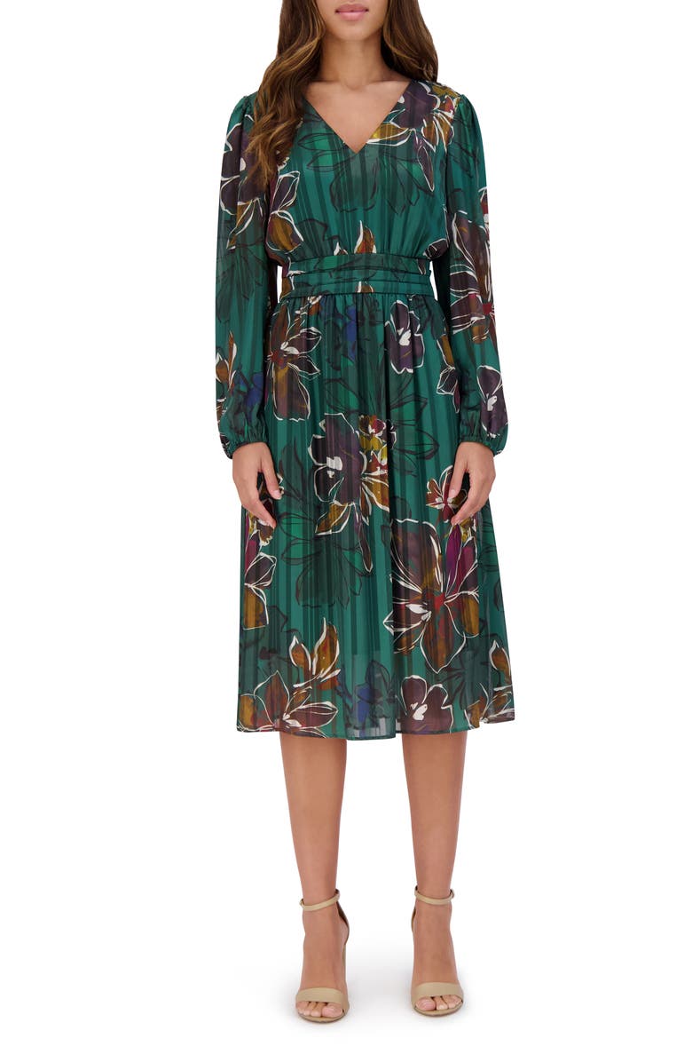 Kensie Floral Long Sleeve Satin A-Line Midi Dress, Main, color,