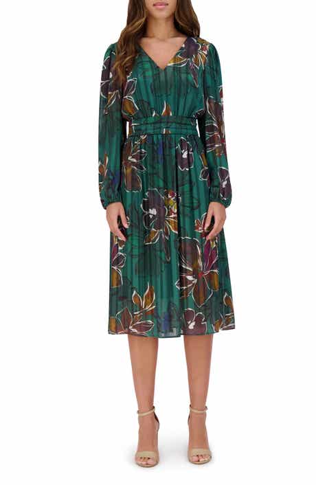 Kensie Floral Long Sleeve Satin A-Line Midi Dress