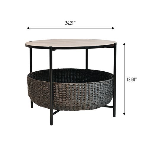 Happimess Carly 24.21" Modern Coastal Round Acacia Wood/water Hyacinth Coffee Table With Storage Bas