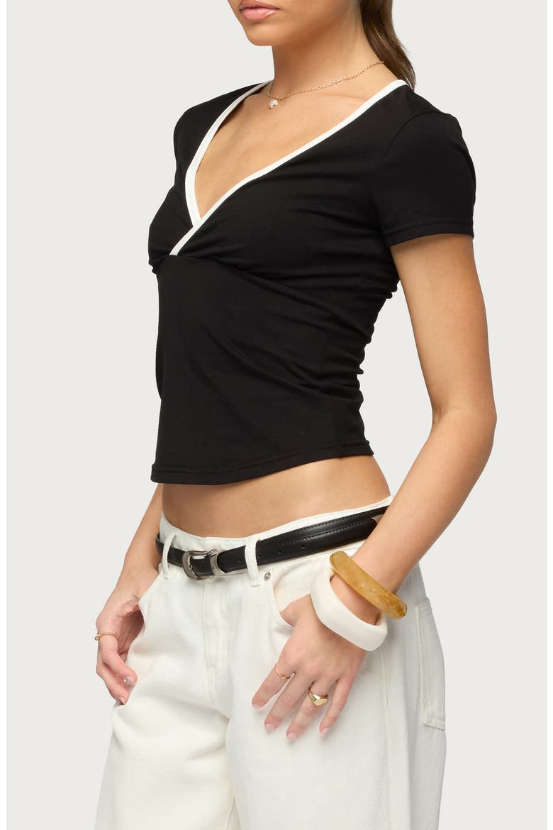 Yulenna Contrast Trim V-Neck Top, Alternate, color, BLACK