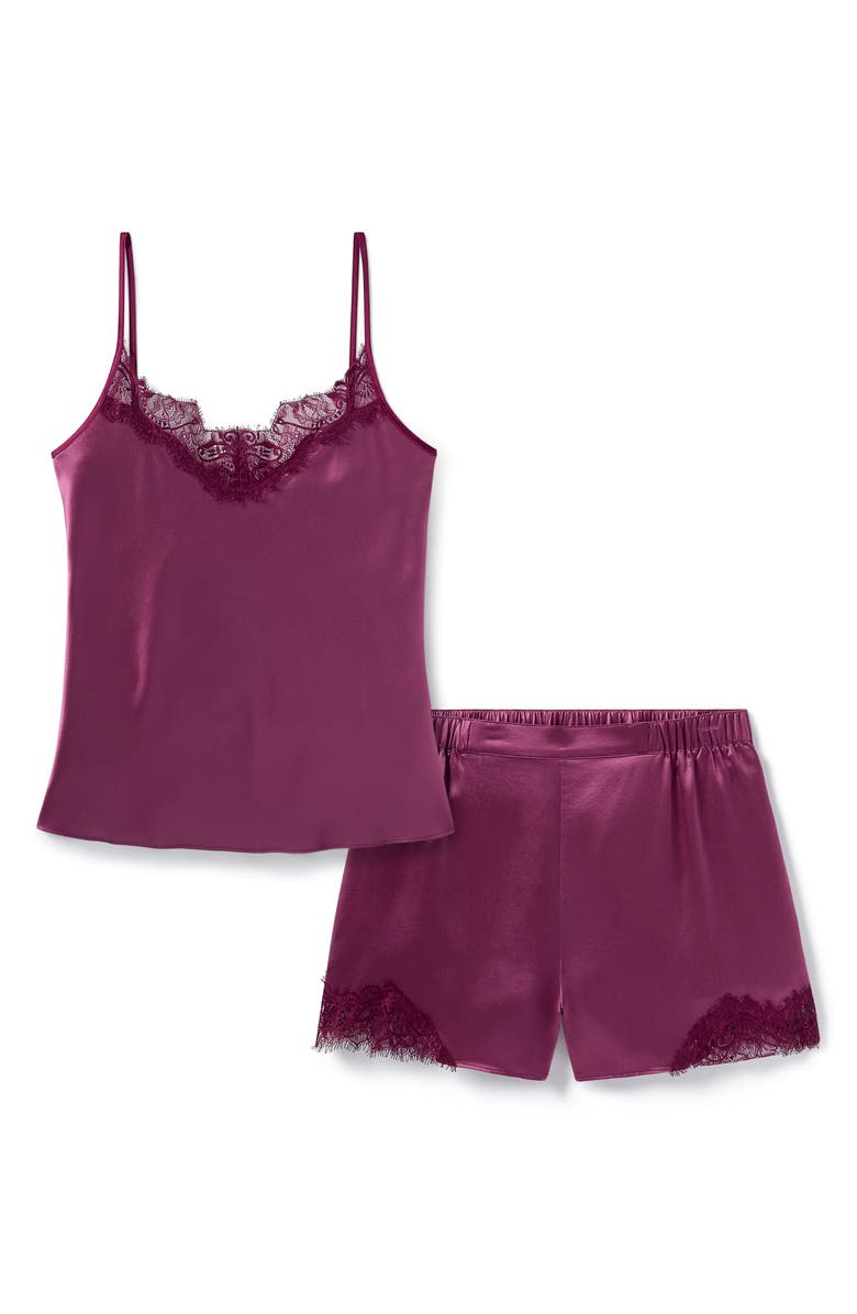 Petite Plume Merlot Lace Mulberry Silk Short Pajamas, Alternate, color, Red