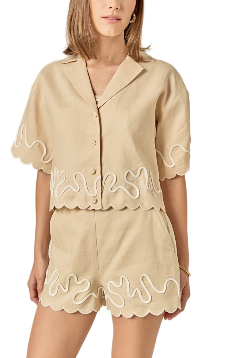 Wavy Embroidered Crop Linen Shirt, Main, color, BEIGE/ OFF WHITE