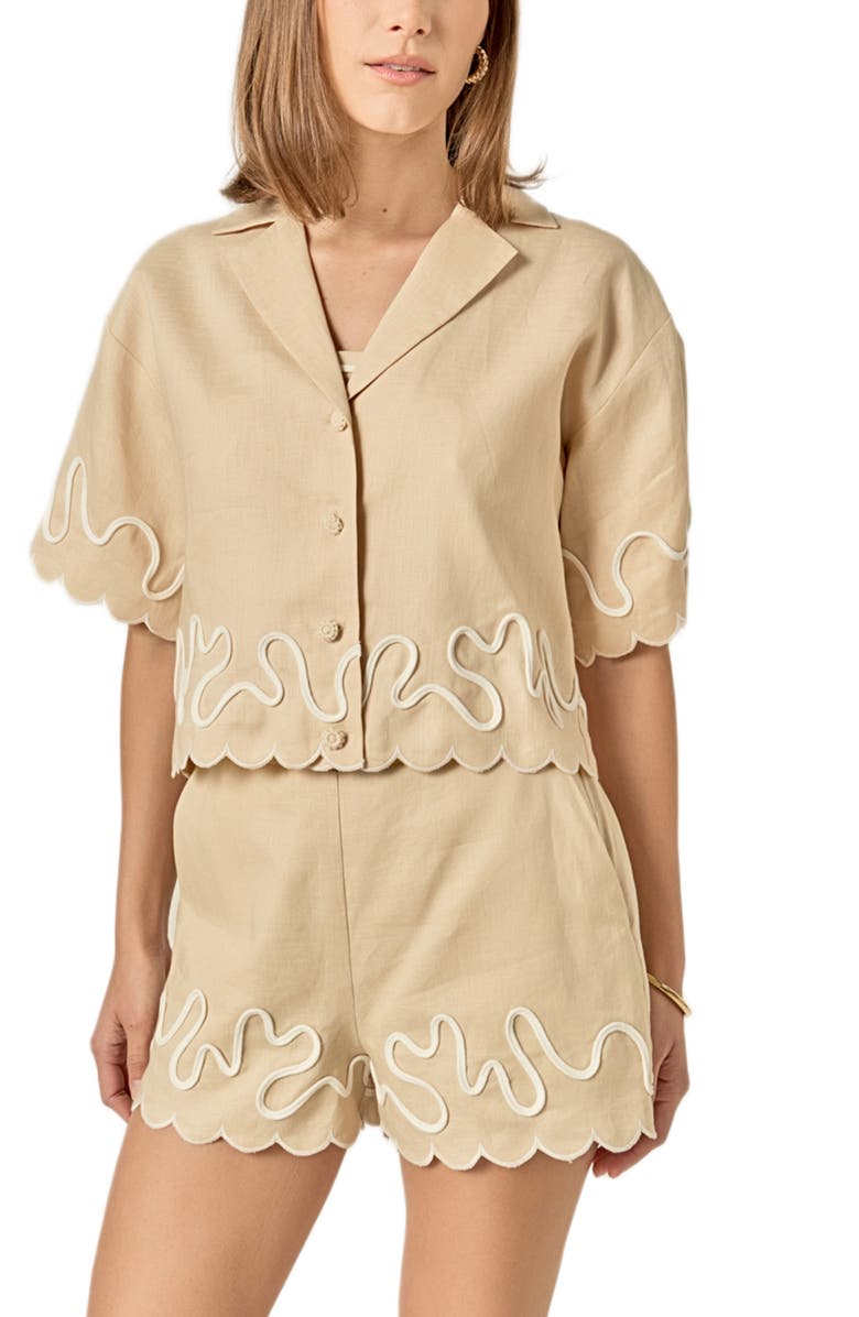 English Factory Wavy Embroidered Crop Linen Shirt, Main, color, Beige/ Off White