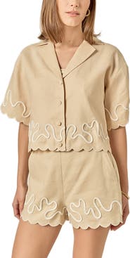 English Factory Wavy Embroidered Crop Linen Shirt