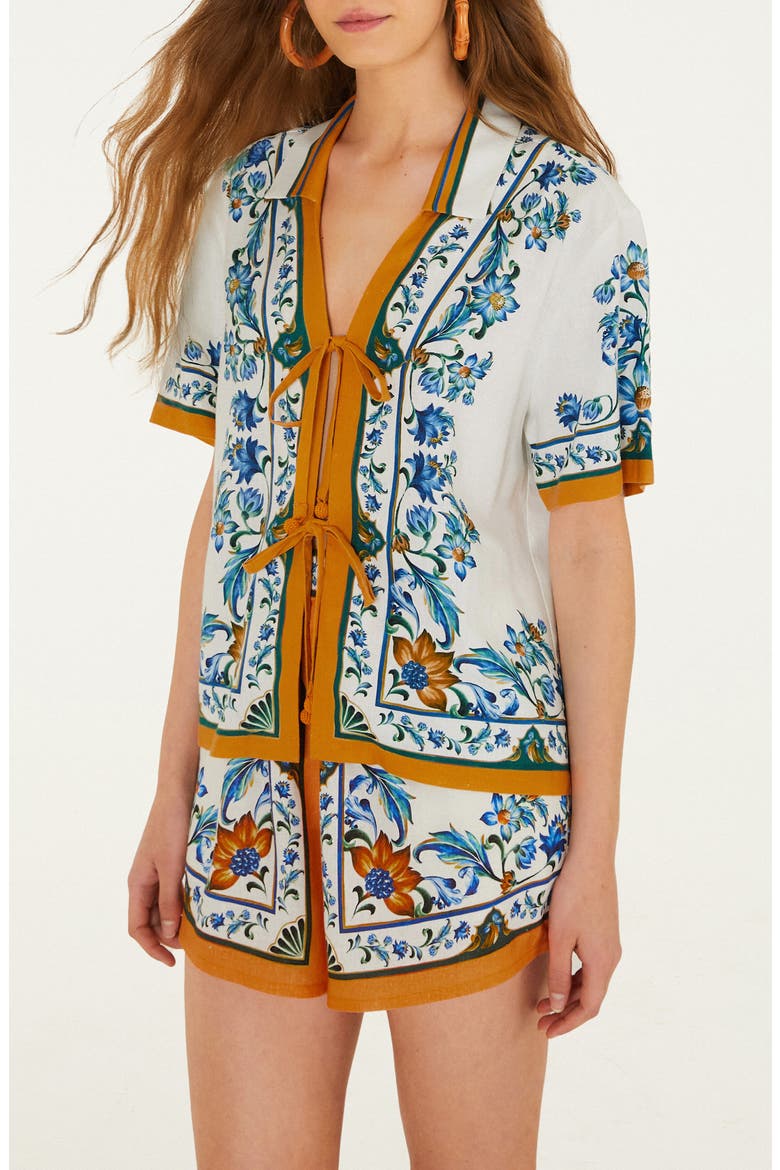 Flora Tile Print Linen Blend Cover-Up Top, Alternate, color, FLORA TILE OFF-WHITE