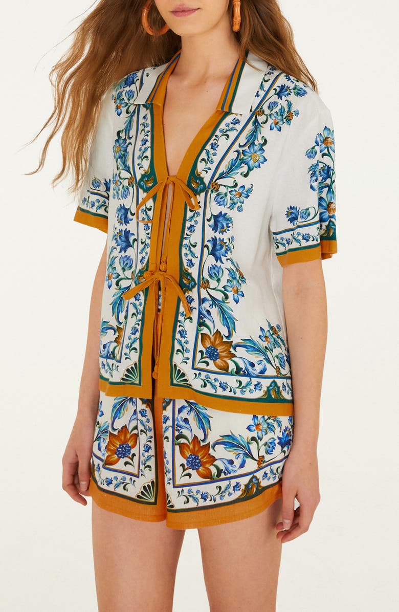 FARM Rio Flora Tile Print Linen Blend Cover-Up Top, Alternate, color, Flora Tile Off-White