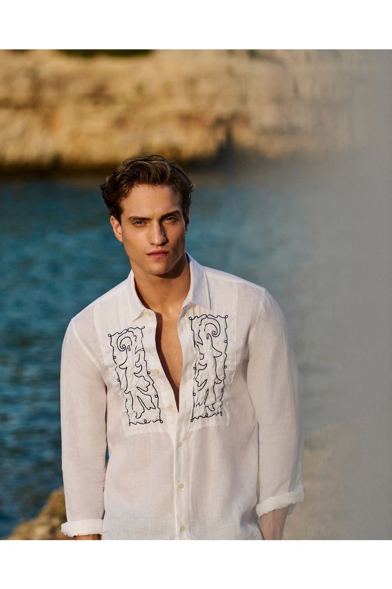 Giles Embroidery Tailored Fit Linen Embroidery Shirt, Alternate, color, White Sand/Night Iris