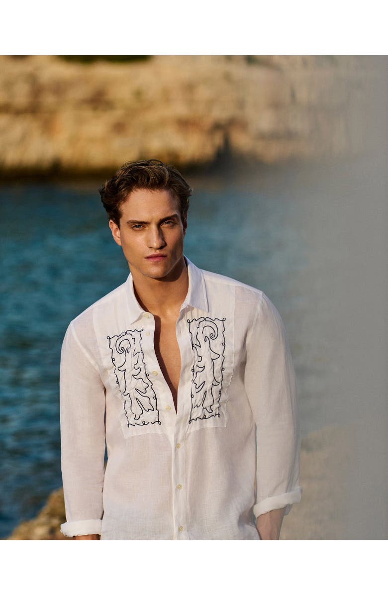 Orlebar Brown Giles Embroidery Tailored Fit Linen Embroidery Shirt, Alternate, color, White Sand/Night Iris