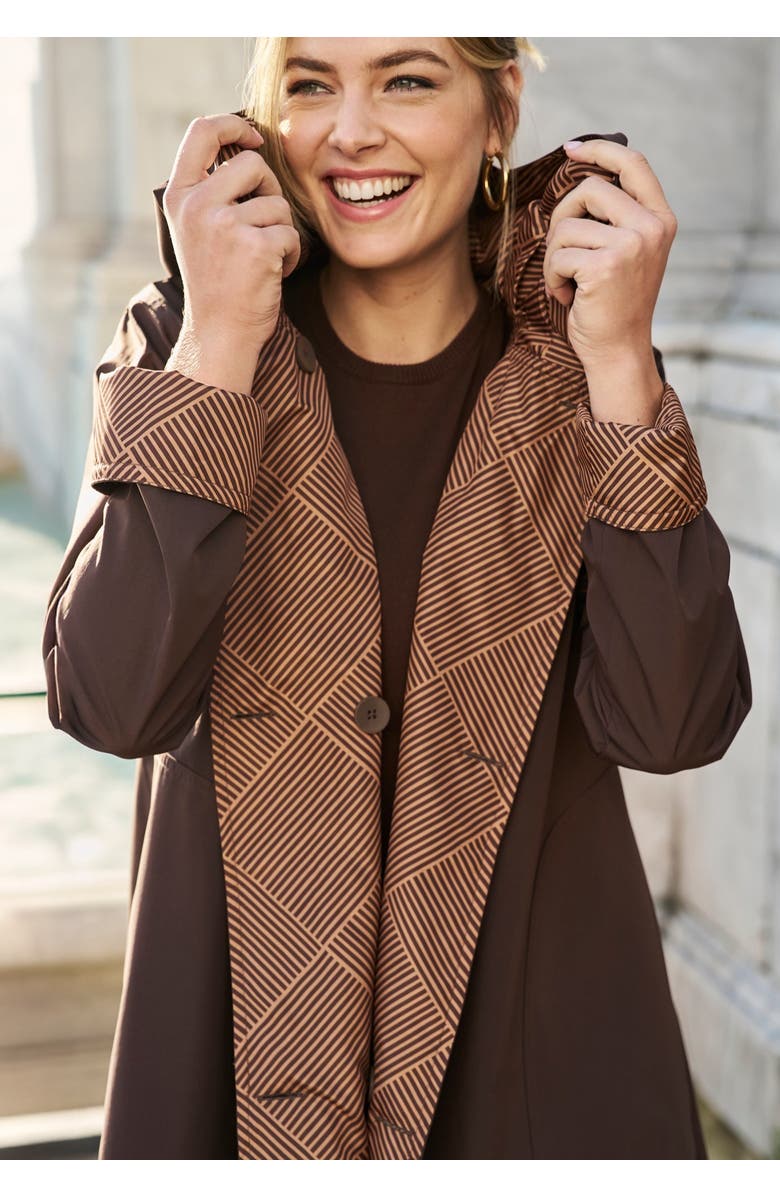 Jessica London Reversible A-Line Raincoat, Alternate, color, Camel Diamond Stripe