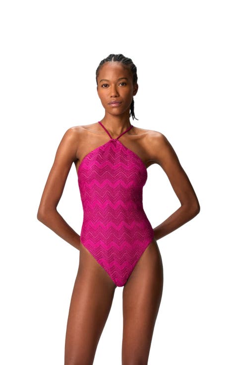 Zig Zag Lamé Viscose One-piece Swimsuit With Halter Neck