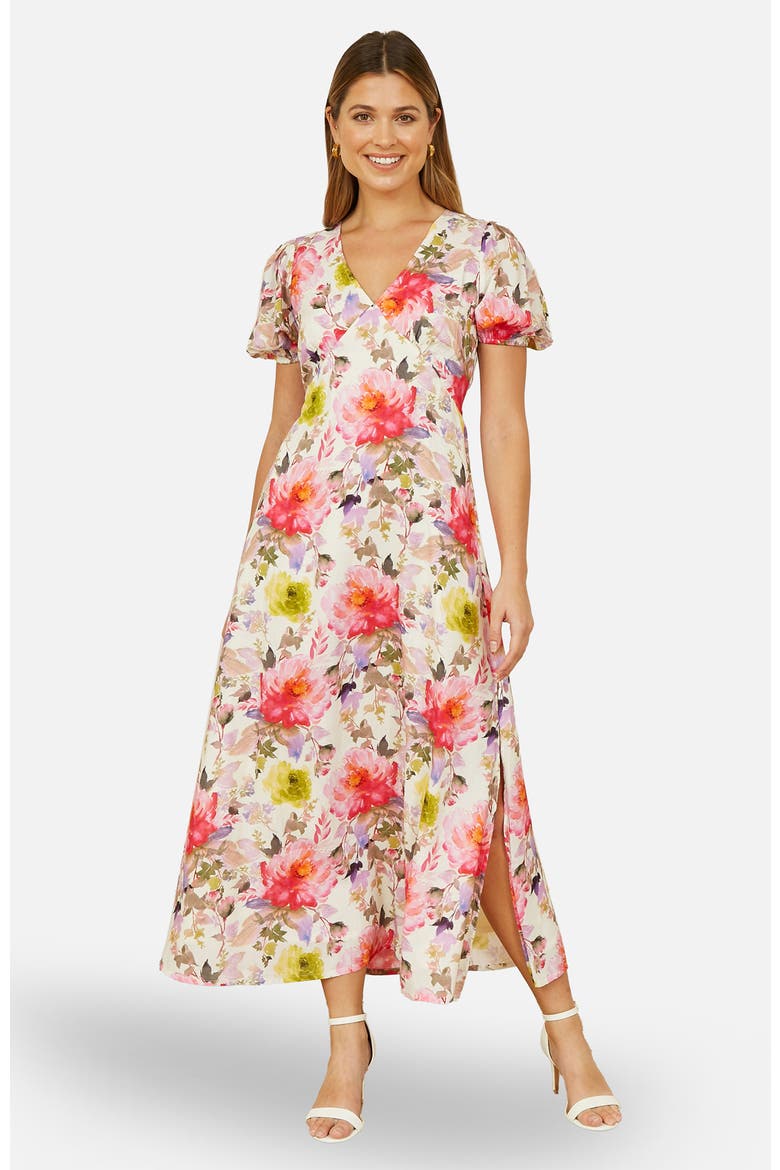 Floral Puffed Sleeve Midi Dress, Main, color, Ivory
