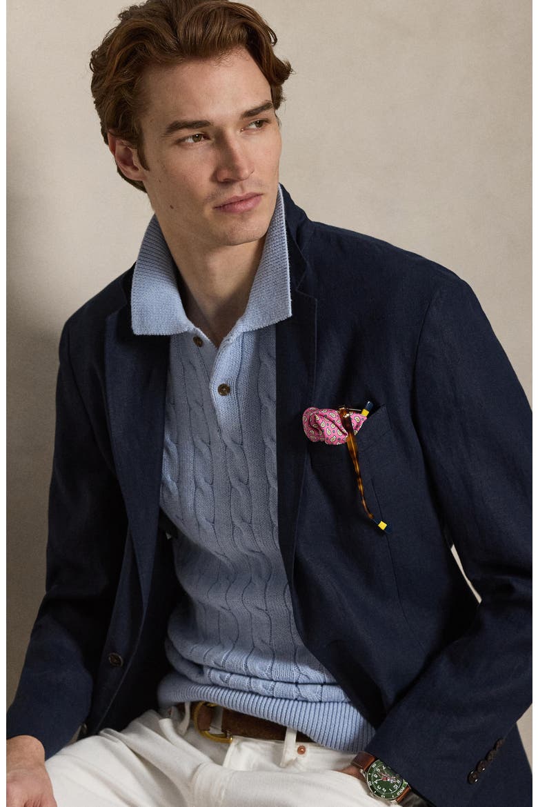 Cable-Knit Cotton Polo Sweater, Alternate, color, BLUE HYACINTH HTHR