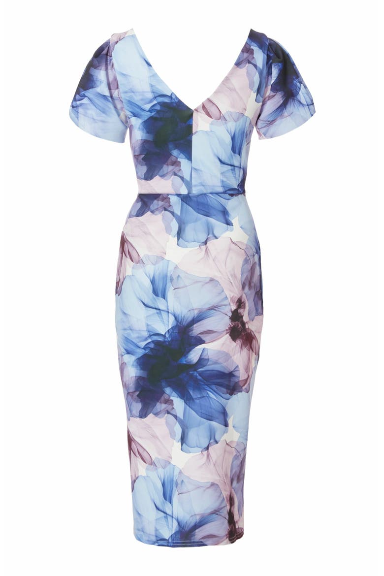 Scuba Knit Floral Frint Cap Sleeve Midi Bodycon Dress, Alternate, color, Multi