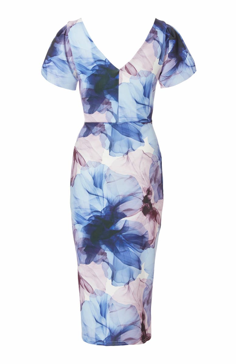 QUIZ Scuba Knit Floral Frint Cap Sleeve Midi Bodycon Dress, Alternate, color, 