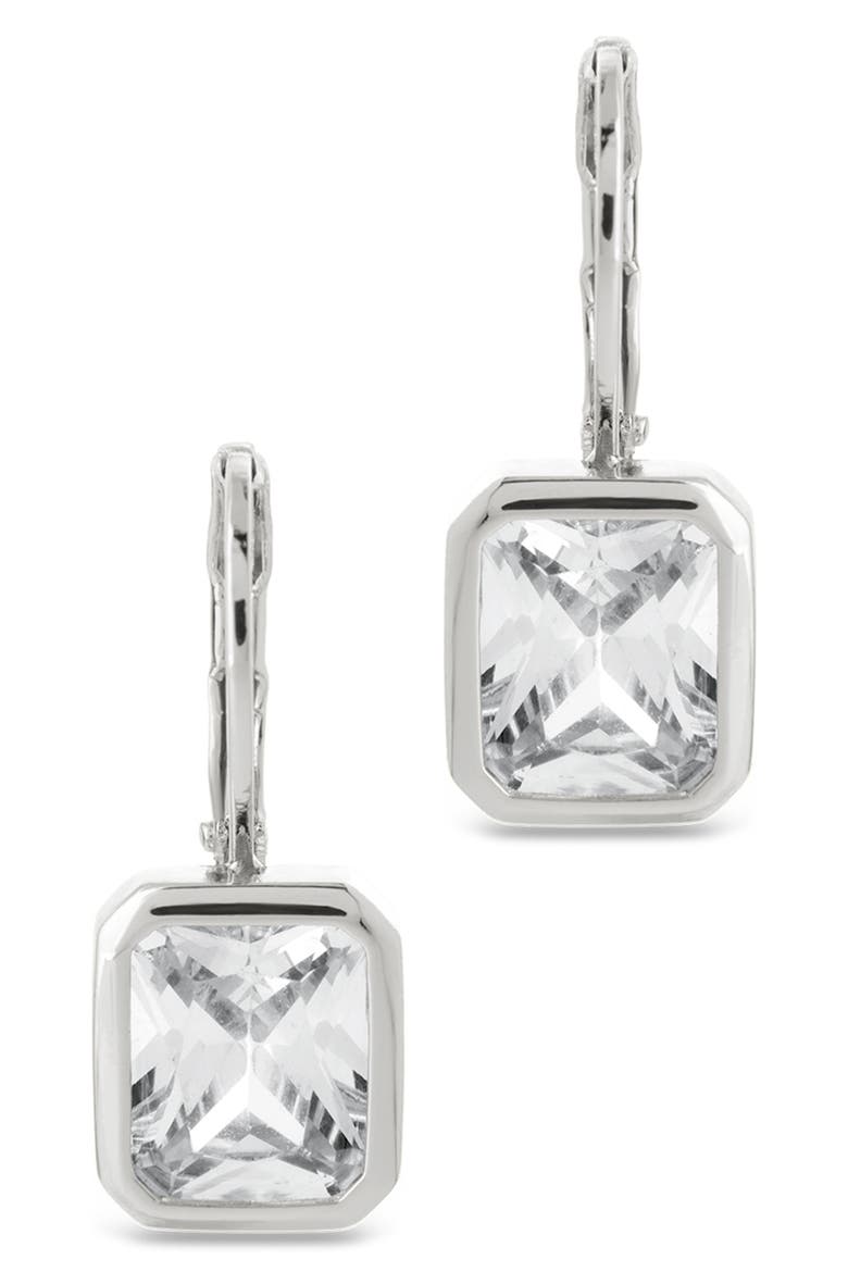 Everleigh Emerald-Cut Cubic Zirconia Lever Back Earrings, Alternate, color, SILVER