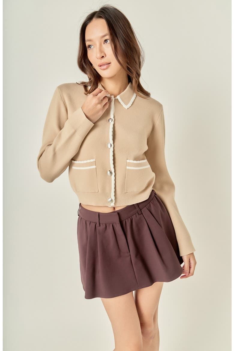 Scallop Trim Cardigan, Alternate, color, TAN/ OFF WHITE