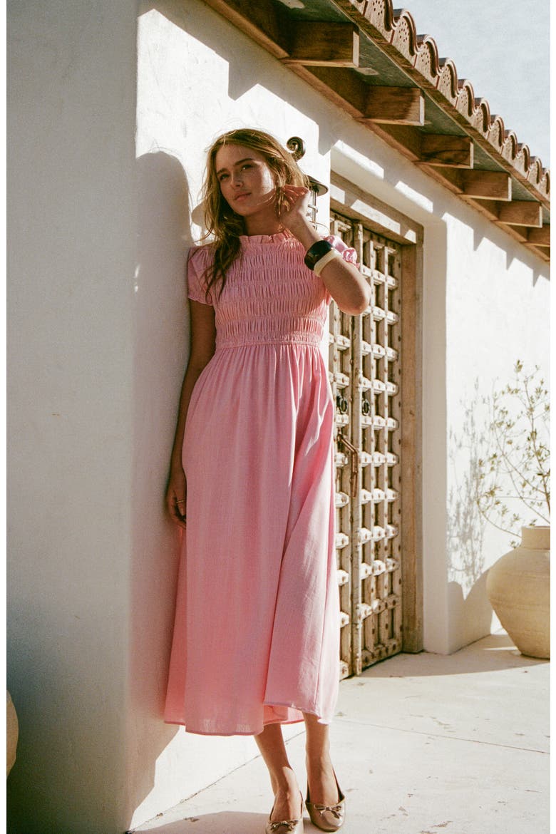 Darla Smocked Puff Sleeve Midi Dress, Alternate, color, PINK
