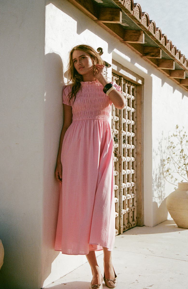 Petal & Pup Darla Smocked Puff Sleeve Midi Dress, Alternate, color, Pink