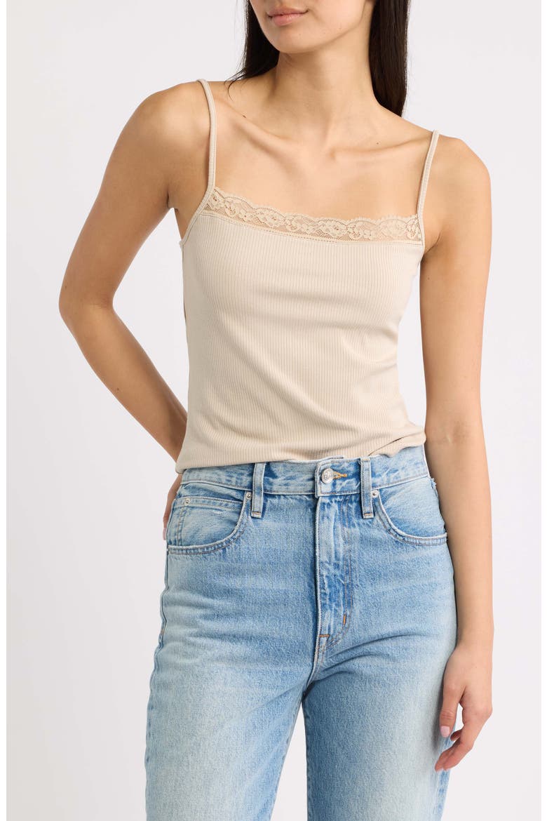 Blondi Lace Trim Ribbed Camisole, Main, color, SAND