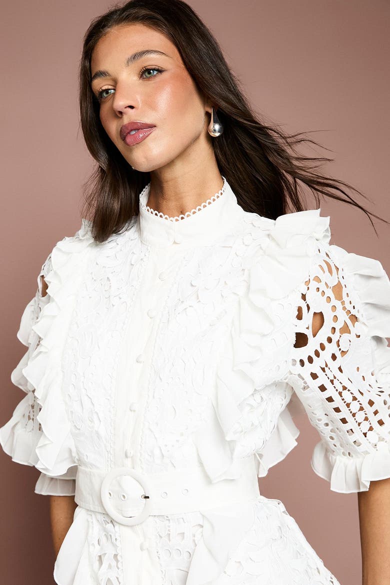 Lace Ruffle Belted Shirt Dress, Alternate, color, White