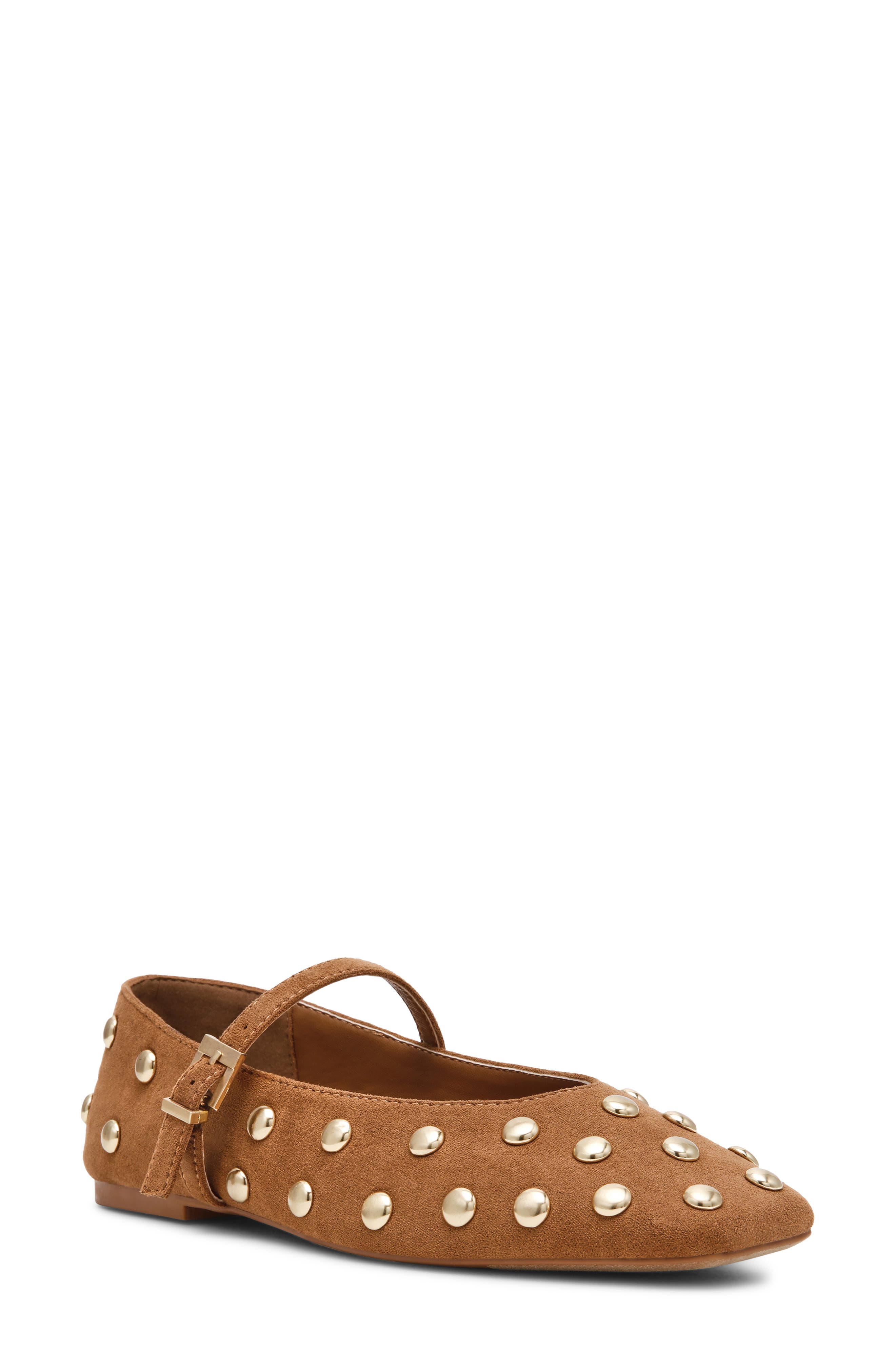 Fabesian Studded Mary Jane Flat, Main, color, CAMEL