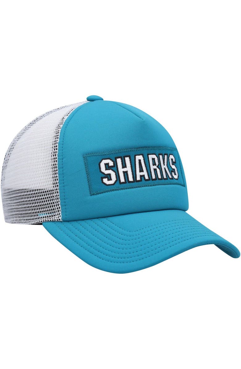adidas Men's adidas Teal/White San Jose Sharks Team Plate Trucker Snapback Hat, Alternate, color, 