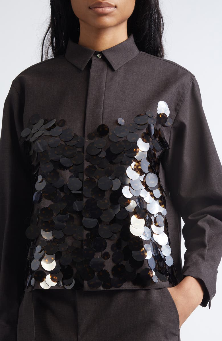 Sacai Sequin Embroidered Wool Suiting Button-Up Shirt, Alternate, color, Brown/ Brown