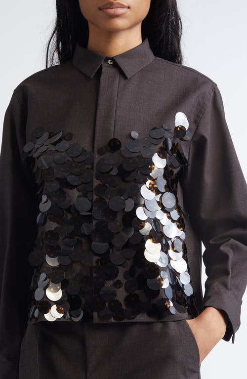Sacai Sequin Embroidered Wool Suiting Button-up Shirt In Black