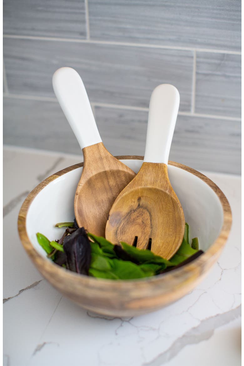 Wood + White Collection Medium Salad Bowl & Servers Set, Alternate, color, White, Brown