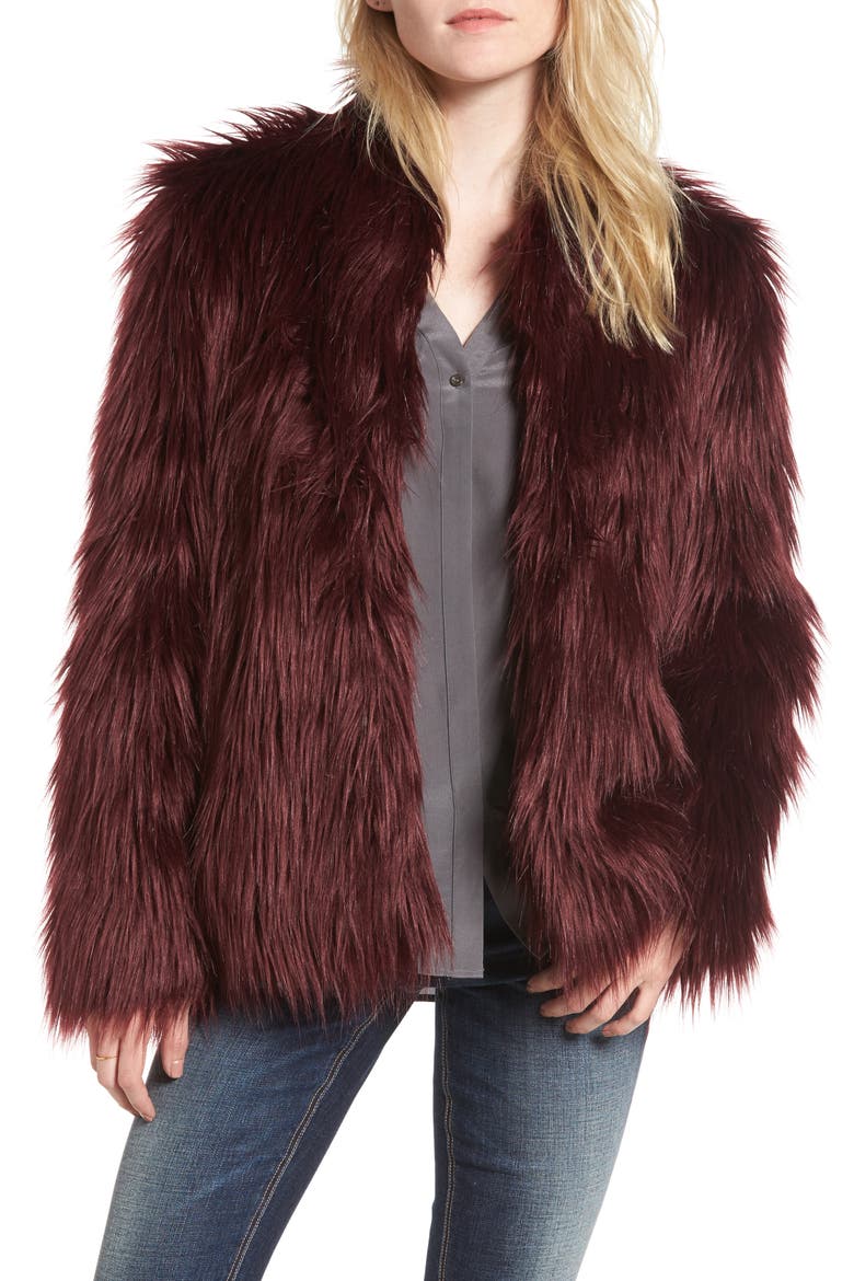 Faux Fur Jacket, Main, color, BURGUNDY
