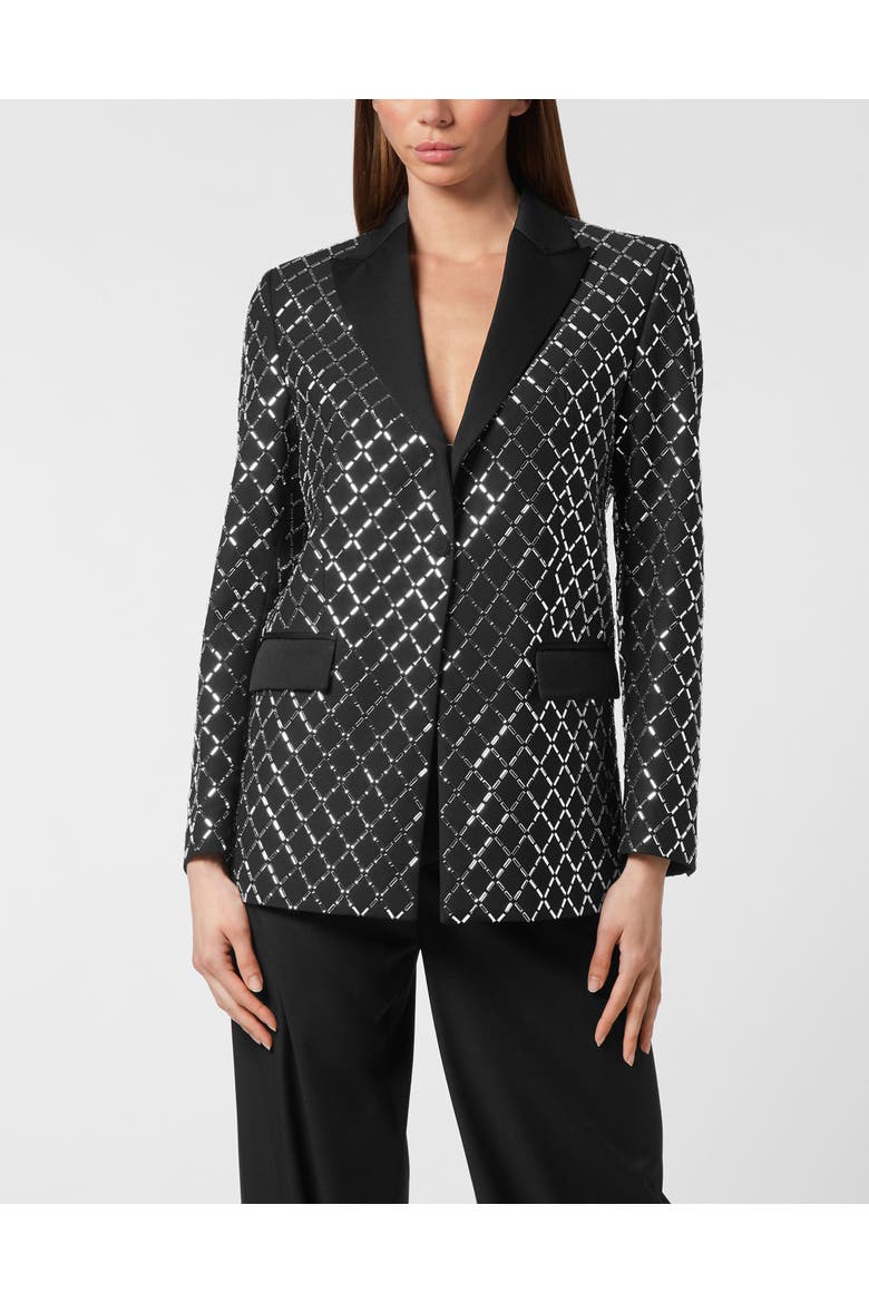Wool And Satin Boyfriend Fit Blazer Crystal Rhombus Women, Main, color, black