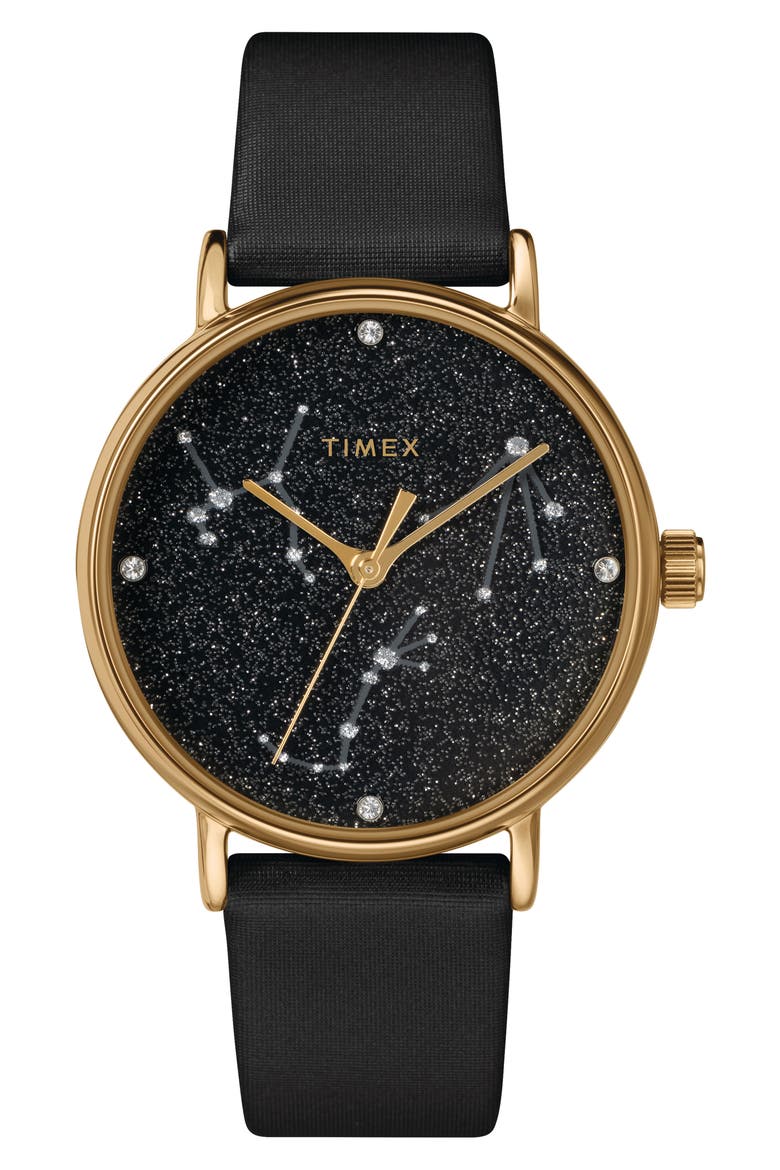 Celestial Opulence Leather Strap Watch, 37mm, Main, color, BLACK/ GOLD