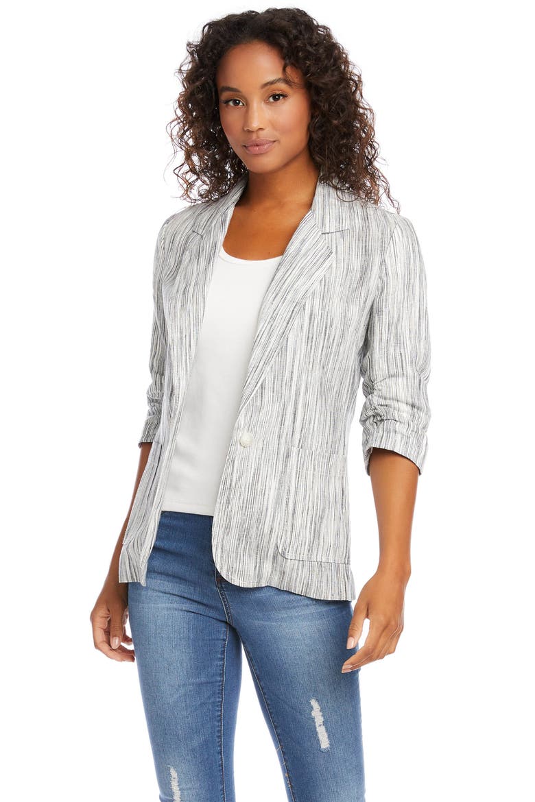 Stripe Ruched Sleeve Linen Jacket, Alternate, color, GRAY