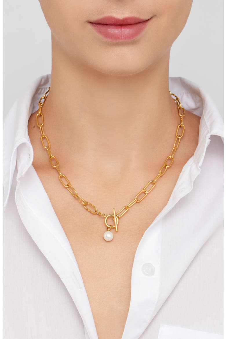 18K Gold Plated 7–8mm Freshwater Pearl Paper Clip Toggle Necklace, Alternate, color, WHITE
