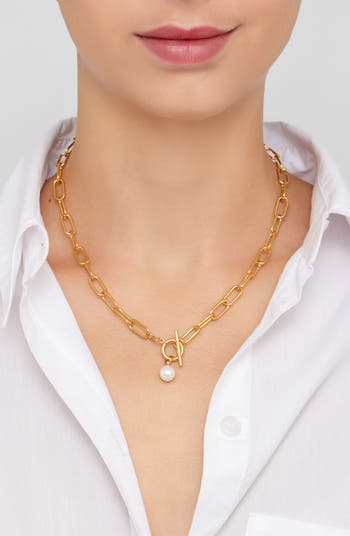 18K Gold Plated 7–8mm Freshwater Pearl Paper Clip Toggle Necklace