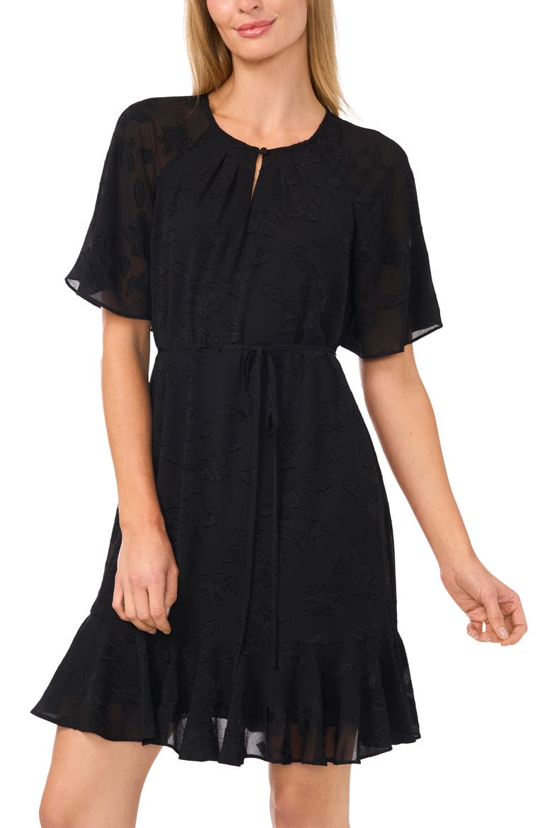 Flutter Sleeve Tie Waist Dress, Alternate, color, RICH BLACK