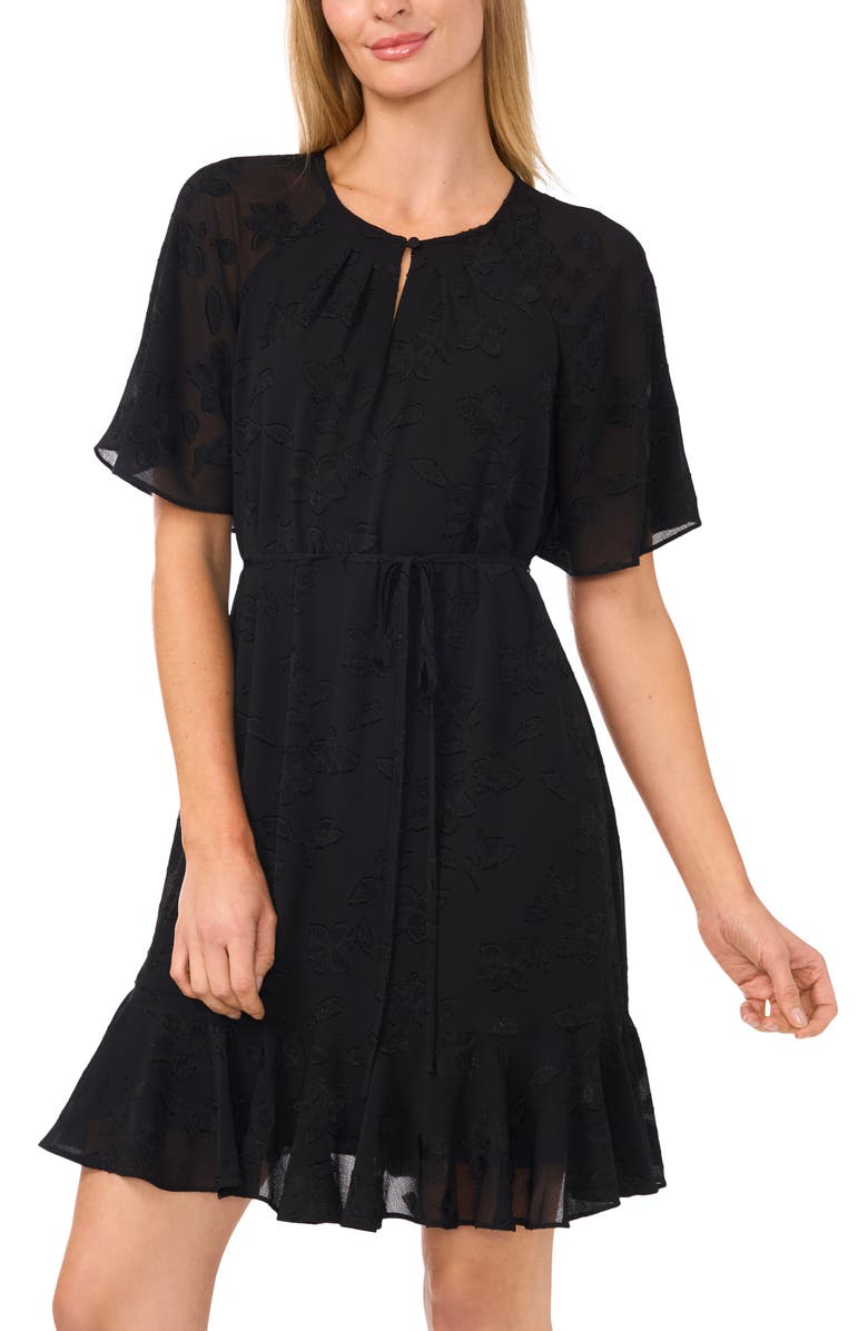 CeCe Flutter Sleeve Tie Waist Dress, Main, color, Rich Black