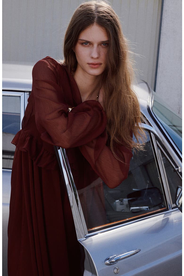 Ruffle Trim Long Sleeve Maxi Dress, Alternate, color, BROWN