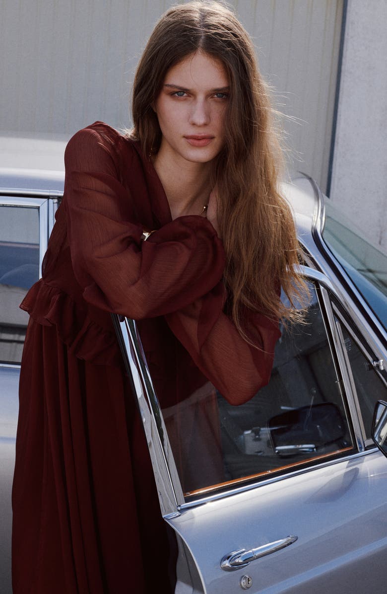 MANGO Ruffle Trim Long Sleeve Maxi Dress, Alternate, color, Brown