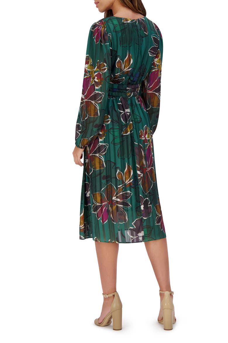 Floral Long Sleeve Satin A-Line Midi Dress, Alternate, color, PINE MULTI