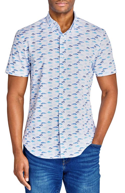 Fish Print Short Sleeve Stretch Button-Down Shirt